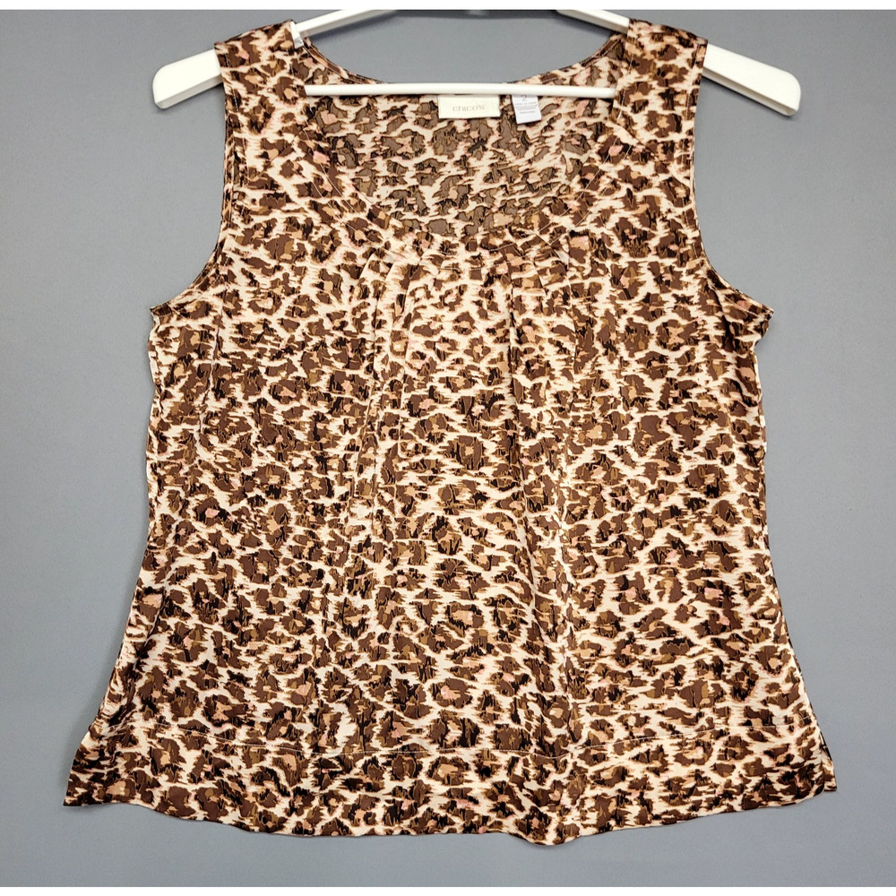 Chicos Tank‎ Top Womens 2 (Large) Brown Animal Print Sleeveless Blouse Pleated